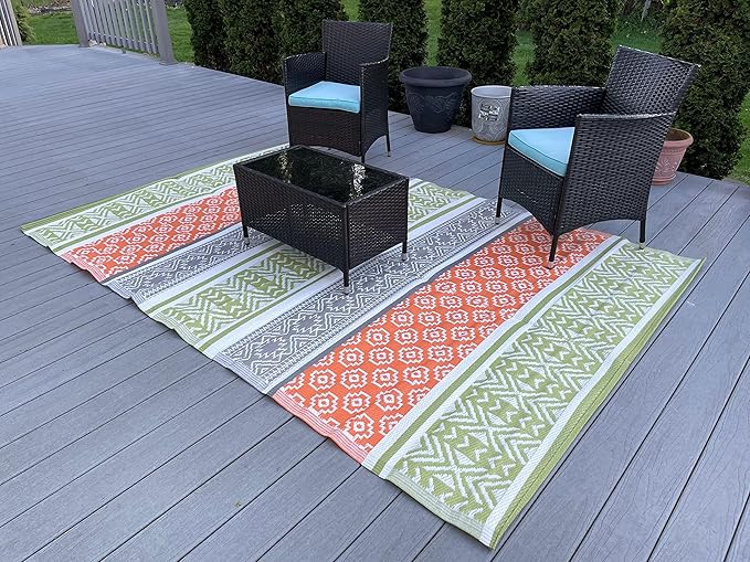 BalajeesUSA Outdoor Rugs–9x18 Plastic Patio Decor Green, Orange, Durable and Affordable Recycled Straw Picnic All-Weather and Waterproof Reversible Camper Awning mats 7742
