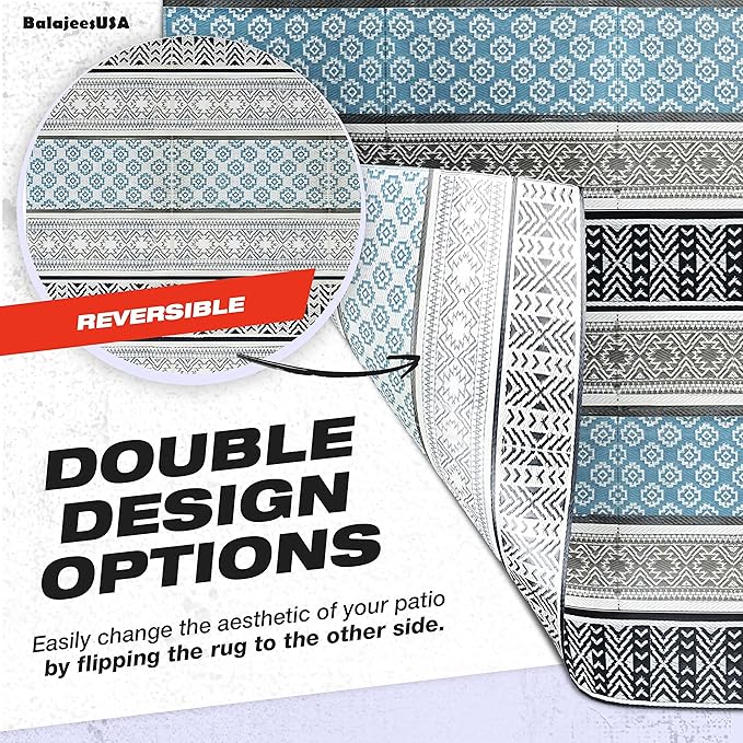 BalajeesUSA Outdoor Plastic Patio Rugs – 5x7, Grey, Teal Multipurpose Reversible mats Woven Plastic Straw All-Weather and Waterproof Rug Camper Mats Outdoor