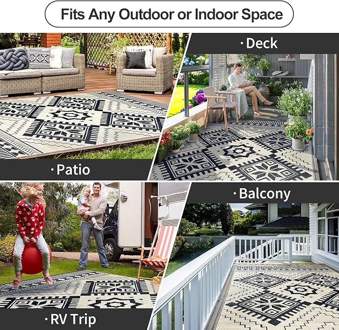 Waterproof Outdoor Rug 5x8ft, Boho Reversible Plastic Straw Mat for Patio RV Deck Porch Backyard Balcony Camping Picnic Beach Indoor Outdoor Carpet, Black&Beige