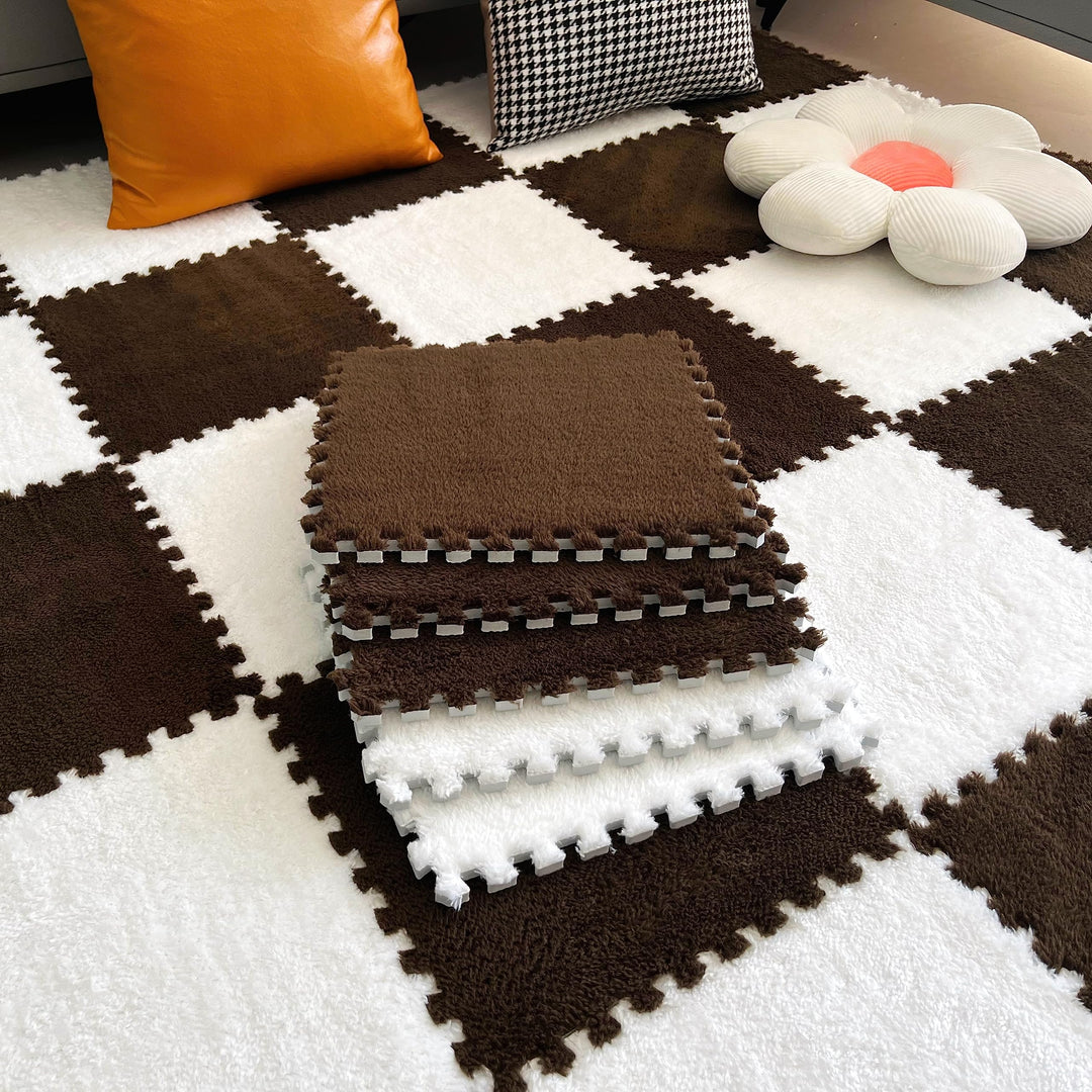 easycustomerlee 12pcs Interlocking Carpet Shaggy Soft EVA Foam Mats Fluffy Rugs Protective Floor Tiles Play Mats for Children Kids Room Home Parlor Bedroom(Brown)