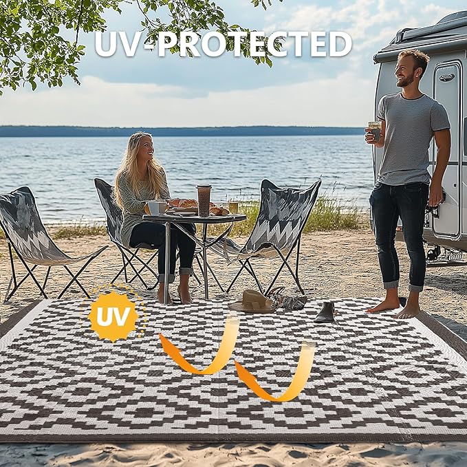 5x8 ft Outdoor Rug Waterproof, Plastic Straw Patio Carpet - UV Resistant Reversible Indoor Outdoor Rugs for Porch, Camping, Poolside, RV, Balcony, Easy to Clean, Black and White