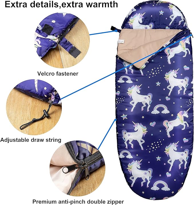 Kids Sleeping Bags for Girls – Unicorn Rainbow Star – Rioyalo YOLO 45 Camping Sleeping Bags for Kids with Carry Bag - Outdoor and Indoor (Unicorn-PL)