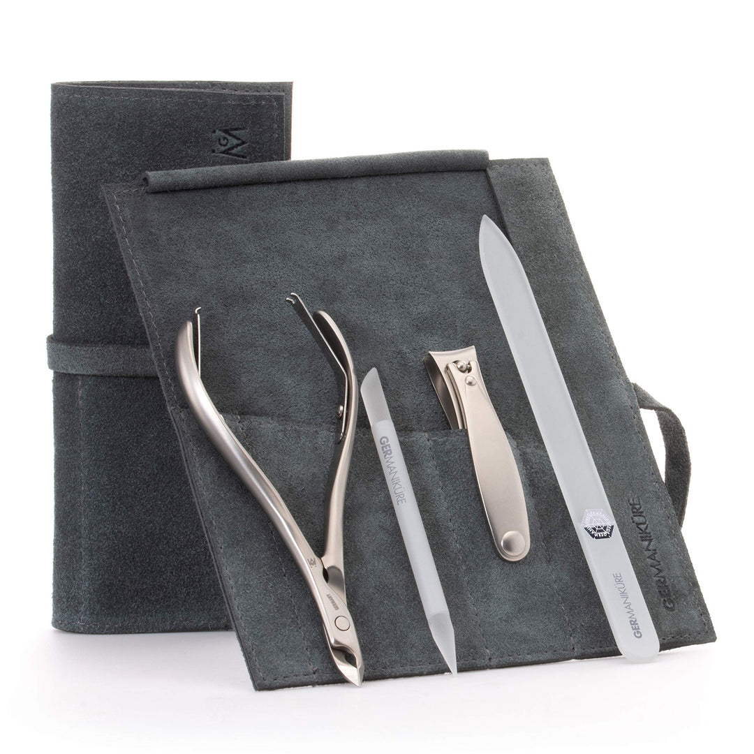 GERMANIKURE 4pc Manicure Set in Light Gray Suede Case - FINOX Stainless Steel Tools Made in Germany, Glass Nail Care Supplies Ma