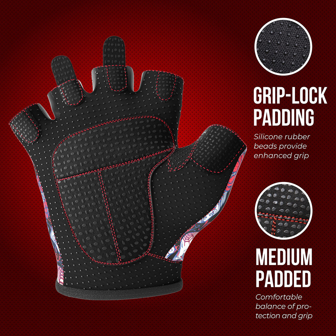 Contraband Pink Label 5237 Womens Designer Workout Gloves | Sugar Skull Print w/Grip-Lock™ Padding (Red, X-Small)