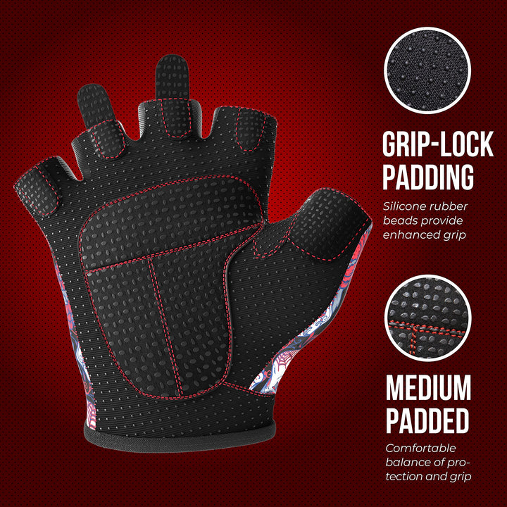 Contraband Pink Label 5237 Womens Designer Workout Gloves | Sugar Skull Print w/Grip-Lock™ Padding (Red, X-Small)