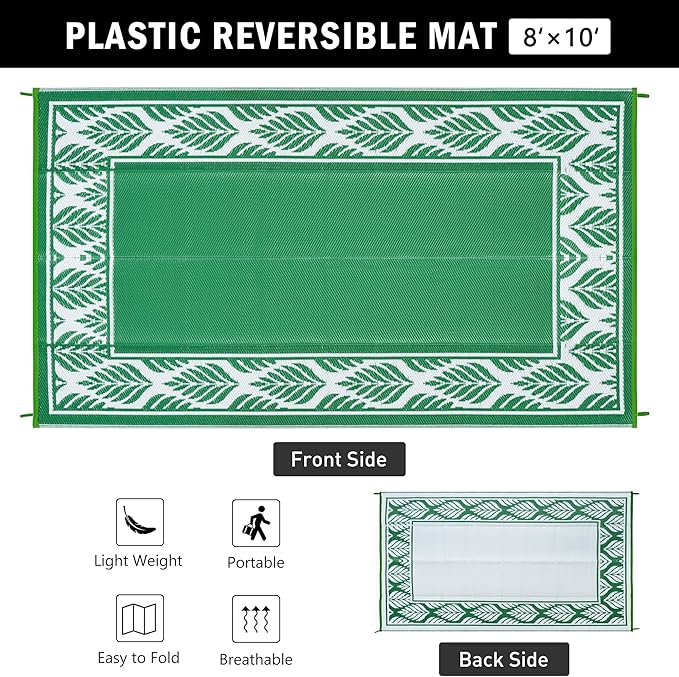 8x10 Patio Waterproof Outdoor Rug Outrside Camping Carpet RV Area Rug Reversible Green Rugs for Deck Entryance Porch Picnic Balcony Beach