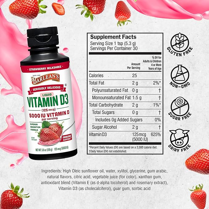 Barlean's Pack of 2 Liquid Vitamin D Supplement for Kids and Adults with 5000 IU D3, Strawberry Milkshake Flavored Sugar Free Vitamins for Children, 5.6 oz Each