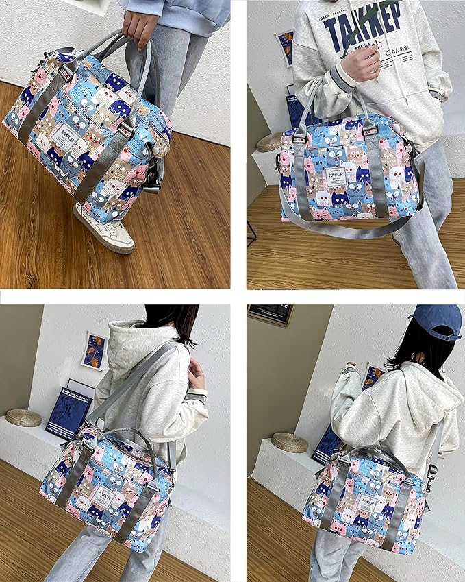 Travel Duffle Bag Weekender Overnight Bag Gym Tote with Wet Pocket for Women Girls Workout Duffel Bag Water Resistant (W-Cute Cats+Toiletry Bag)