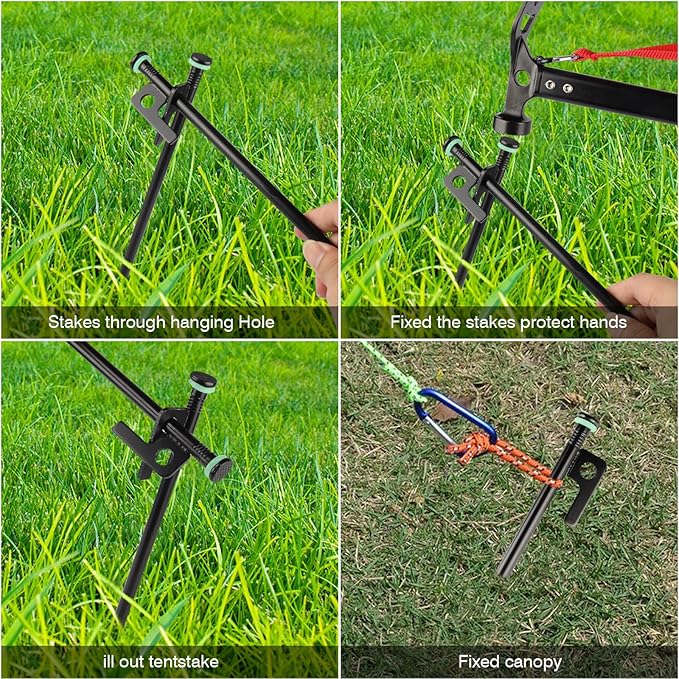 8 Pack Tent Stakes Heavy Duty Metal Tent Pegs with 10in Steel Tent Stakes+Fluorescent Silicone Rings+Special Bag for Camping Used on Rocks, Grassland (10in - 8 Pack)