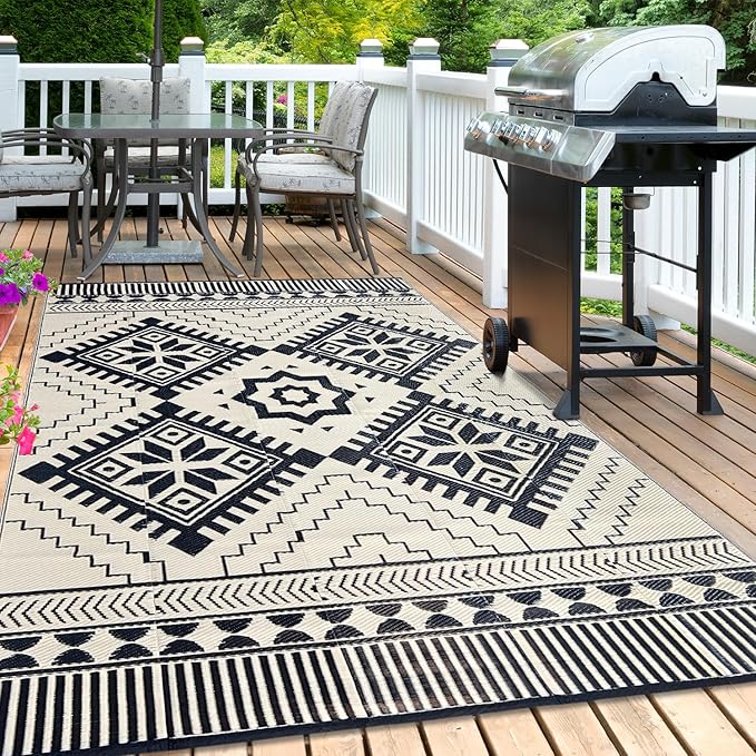 Waterproof Outdoor Rug 6x9ft, Boho Reversible Plastic Straw Mat for Patio RV Deck Porch Backyard Balcony Camping Picnic Beach Indoor Outdoor Carpet, Black&Beige