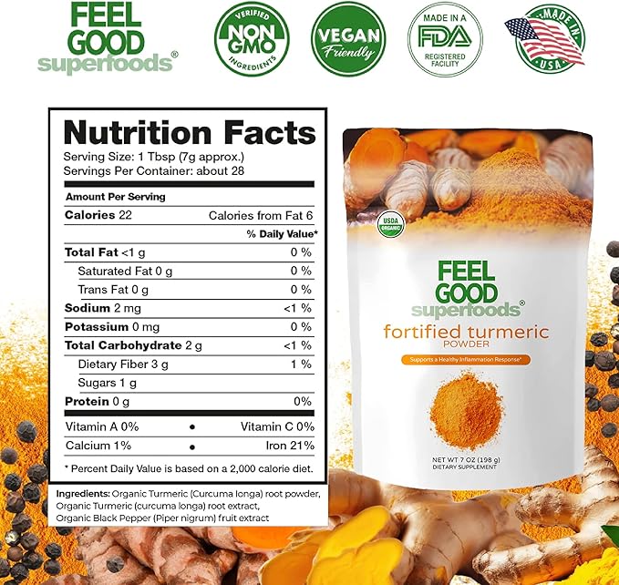 Feelgood Organic Superfoods Fortified Turmeric Powder with Curcumin and Black Pepper, 95% Curcuminoids, Vegan, Gluten Free, Non-GMO, Pure Ground Turmeric Root from India, 7 oz