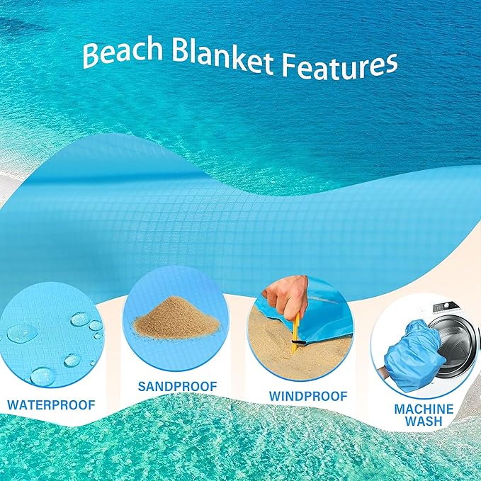 Beach Blanket Sandproof Extra Large Beach Mat Adults Waterproof Quick Drying,Big & Compact Sand Free Mat,Lightweight & Durable with 4 Stakes for Travel Camping Hiking Picnic (Bule-Mixed)