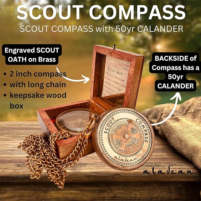 Scout Compass Gift Boys - Engraved Scout Oath Compass in wood Box Scout Always Prepared Camping Orienteering Compass, Hiking Backpacking Compass gift, 50 year calander