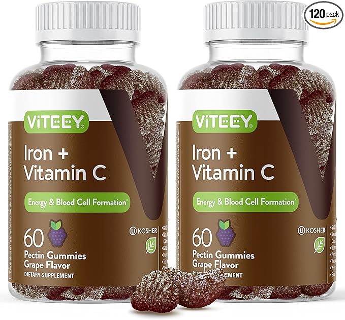 Iron Gummies 20mg + Vitamin C 26mg for Iron Deficiency and Anemia, Supports Energy, Blood Cell Formulation, Blood Builder, Vegan Supplements, Gluten Gelatin and GMO Free, Chewable Grape Gummy Chews