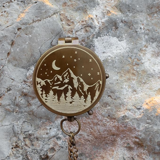 Antique Brass Compass with Leather Case - Mountains & Roads Engraved Pocket Compass for Men - Genuine Leather Pouch Stamped with 'For Your Adventures' - Vintage Gift for Husband, Father & Son