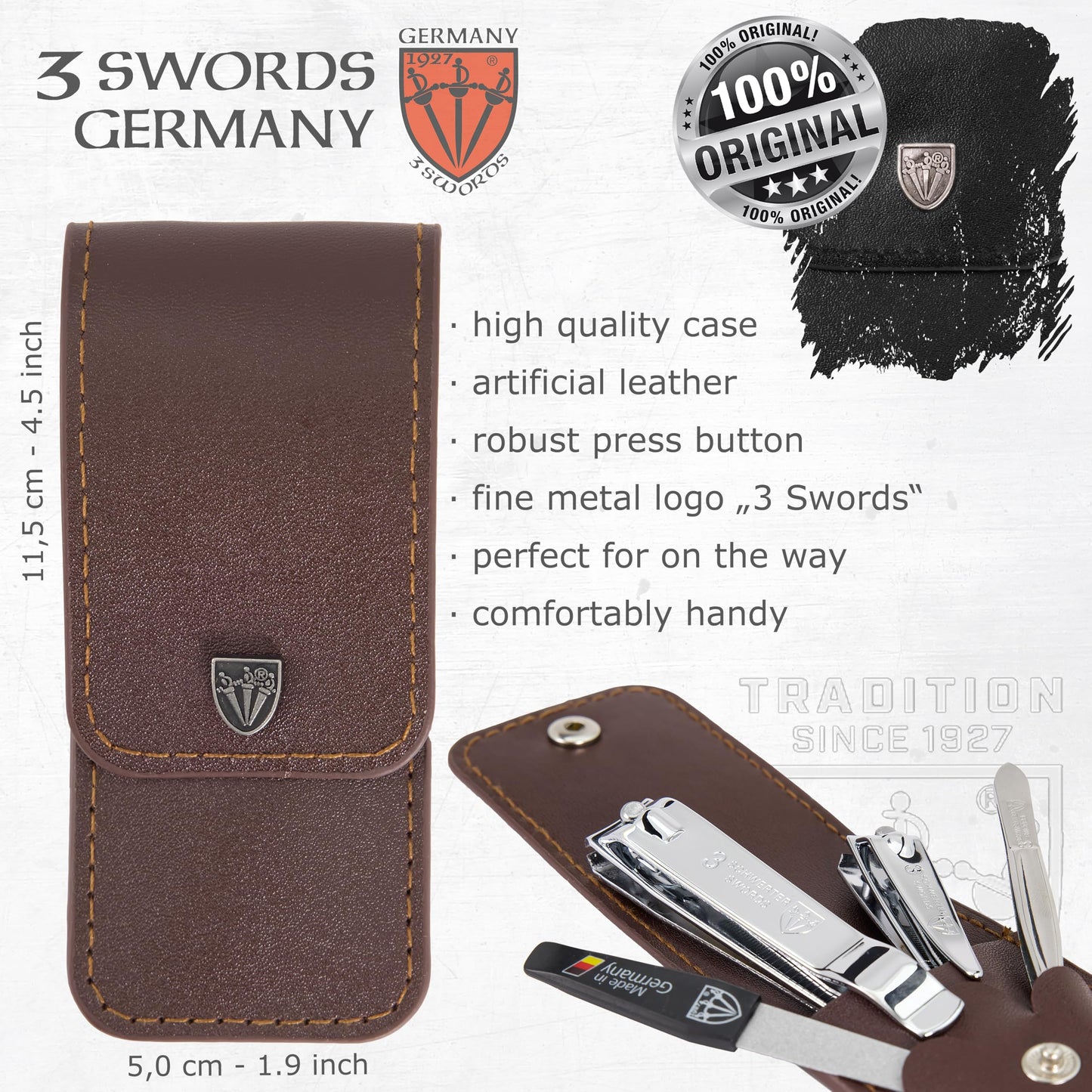 3 Swords Germany - manicure set with finger and toe nail clipper tweezers and nail file in brown synthetic leather case - brand quality
