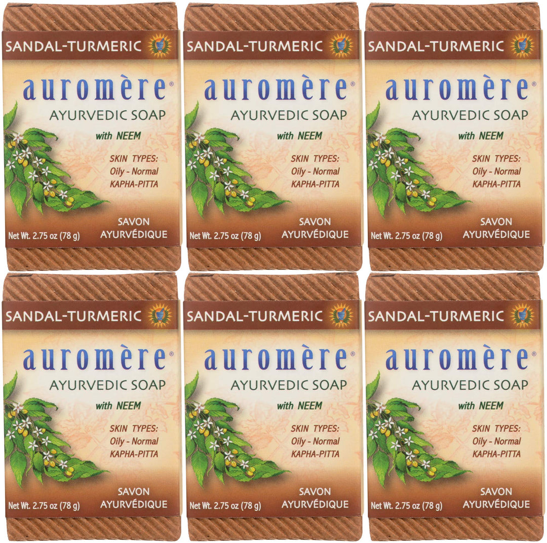 Auromere Ayurvedic Bar Soap, Sandal Turmeric - Eco Friendly, Handmade, Vegan, Cruelty Free, Natural, Non Gmo (2.75 Oz), 6 Pack