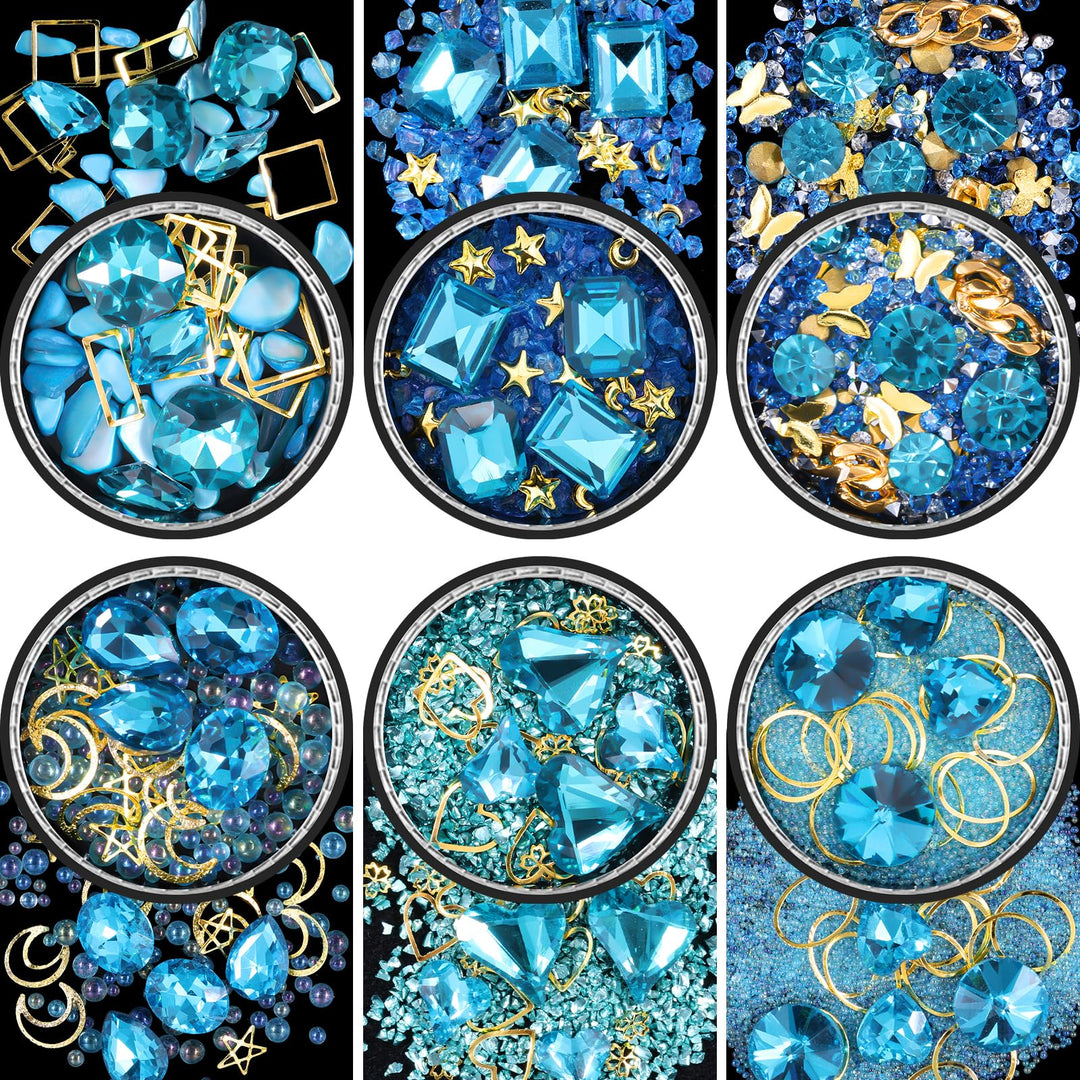 6 Wheels Mixed Sparkle Nail Art Rhinestones Diamonds Crystals Butterfly Beads Artificial Pearls Gold Silver Nail Studs Gems Metal Hollow Rivets Charms (Lake Blue)