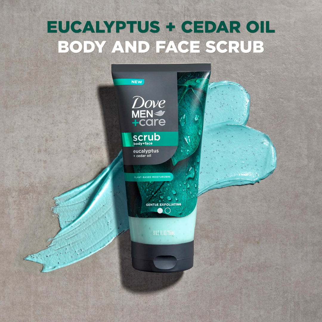 Dove Men+Care Eucalyptus Body and Face Scrub Deeply Exfoliates for Hydrated & Nourished Skin 100% Gentle Cleanser, No Sulfate Cleansers or Parabens