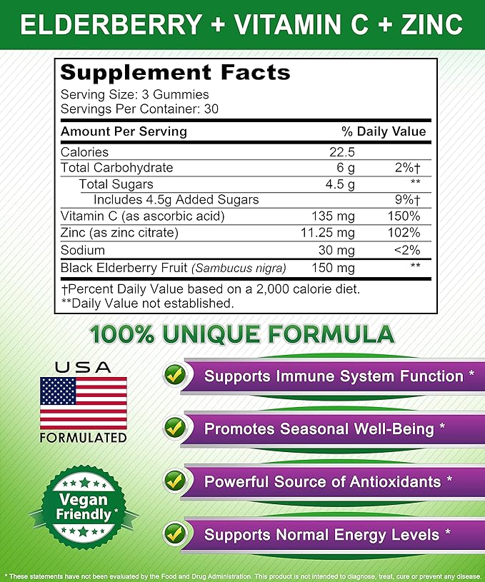 aSquared Nutrition Sambucus Elderberry Gummies with Zinc and Vitamin C - Chewable Gummy Supplement Alternative to Capsules Pills - Black Elderberries w/VIT C for Adults Immune Support - 90 Gummies