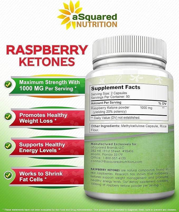 aSquared Nutrition Natural Raspberry Ketones 1000mg-180 Capsules-Weight Loss Supplement, Max Strength Plus Appetite Suppressant Diet Pills, Premium Lean Health Powder to Boost Pure Energy & Metabolism