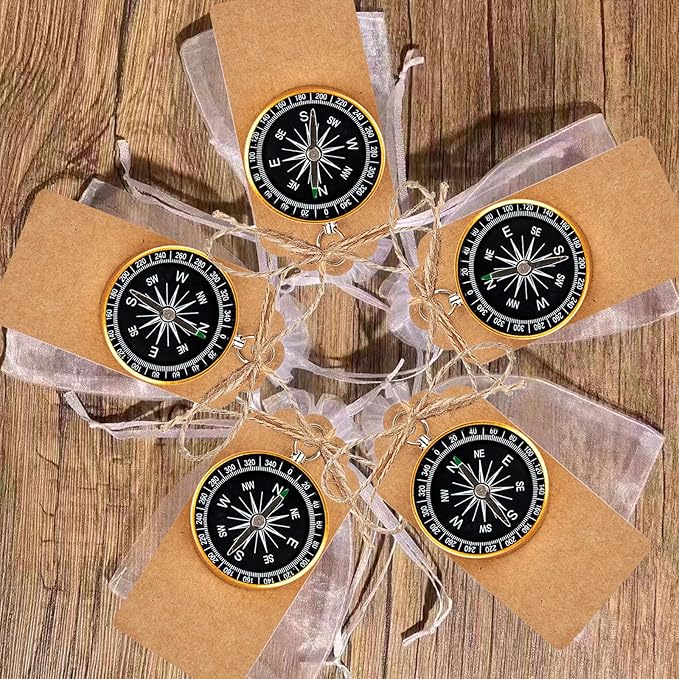 50 Sets Mini Compass Favors-Joyfulmap Compass Favors with Kraft Tags and Drawstring，Mini Compass Decorations for Weddings-Travel-Nautical-Birthday Themed Party Decorations(Golden)