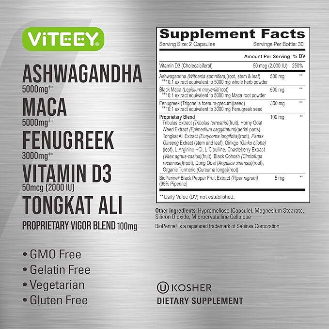 Ashwagandha 5000mg, Black Maca Root 5000mg, Fenugreek 3000mg, Vitamin D3 2,000 IU with Tongkat Ali & Proprietary Vigor Blend 100mg - Calm, Relax, Mood Support for Women & Men - 60 Capsules