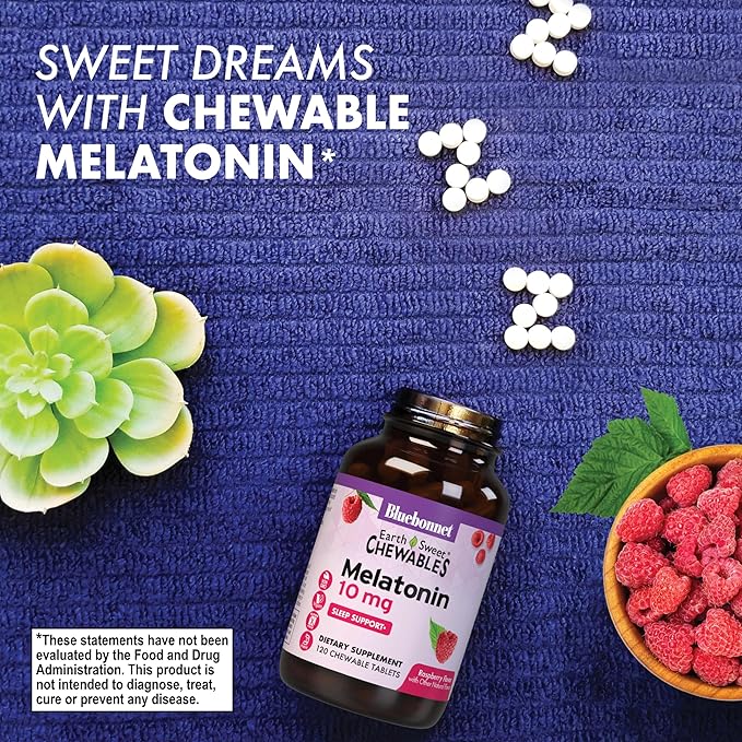 BlueBonnet Nutrition EarthSweet Melatonin 10 mg Fast-Acting Quick Dissolve Nighttime Relaxation & Restful Sleep Support - Sleep Aid - Gluten-Free, Vegan - Raspberry Flavor - 120 Chewable Tablets