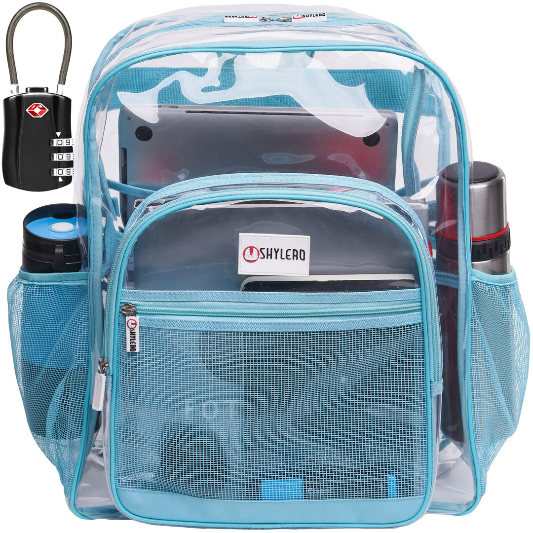 SHYLERO Clear Backpack Heavy Duty has TSA Lock, 2-WAY Zipper. PVC Transparent Backpack Is Extra Large - H18''xW14''xD8 - Turquoise