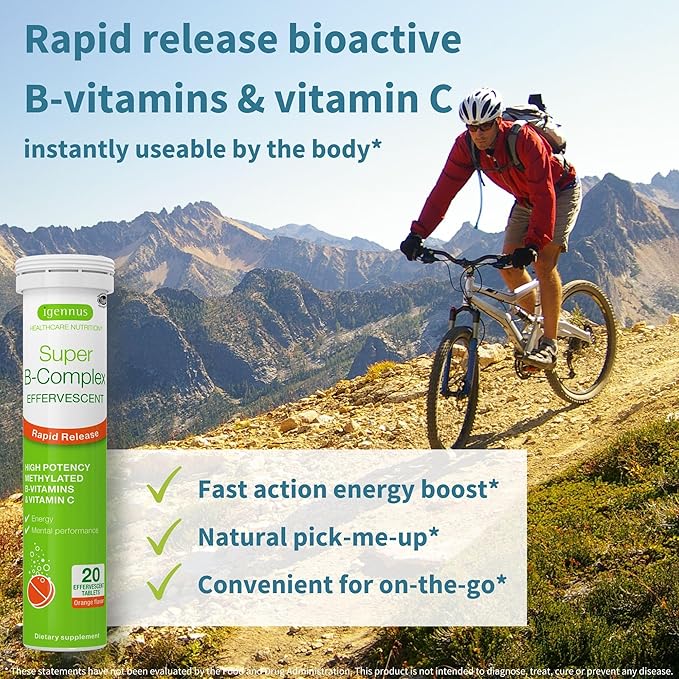 Super B-Complex Bundle, 180 Sustained-Release Tablets & 20 Orange Flavor Effervescent Tablets for Fast Energy On The Go, by Igennus