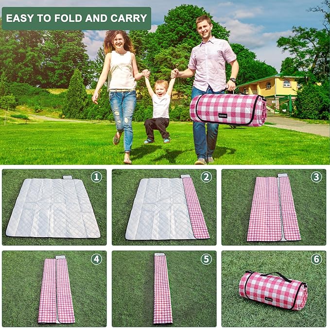 Picnic Blankets Outdoor Blanket, 80''x80'' Extra Large Beach Blanket Waterproof Sandproof Foldable & Machine Washable, Vintage Gingham Grass Lawn Park Blankets for Family Camping Party Music Festival