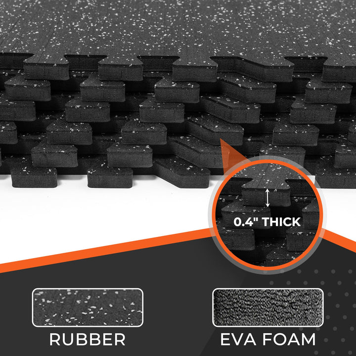 SUPERJARE 0.4'' Thick 6 Pcs 24 Sq Ft Rubber Top Exercise Equipment Mats, High Density EVA Foam Mats with Rubber Top, Interlocking Gym Flooring for Home Gym, Protective Workout Mat, Black/Grey
