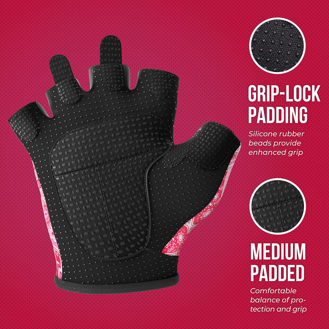 Contraband Pink Label 5387 Womens Design Series Paisley Print Lifting & Rowing Gloves (Pair) - Lightweight Vegan Medium Padded Microfiber Amara Leather w/Griplock Silicone (Pink, X-Small)
