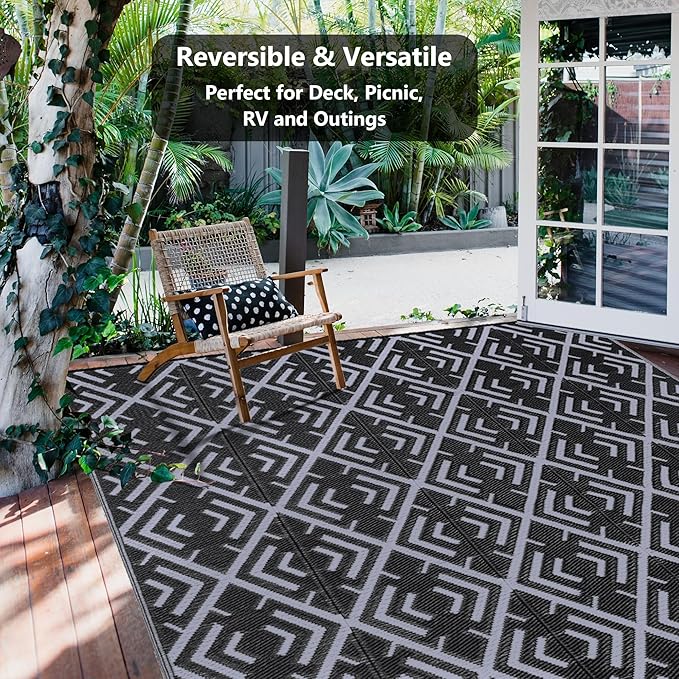Outdoor Plastic Straw Rug, Waterproof Outdoor Rugs for Patios Clearance, Reversible Area Rug, Large Outside Carpet for Camping, Balcony, RV, Deck, Picnic, Beach (5x8ft Boho/Black&Grey)