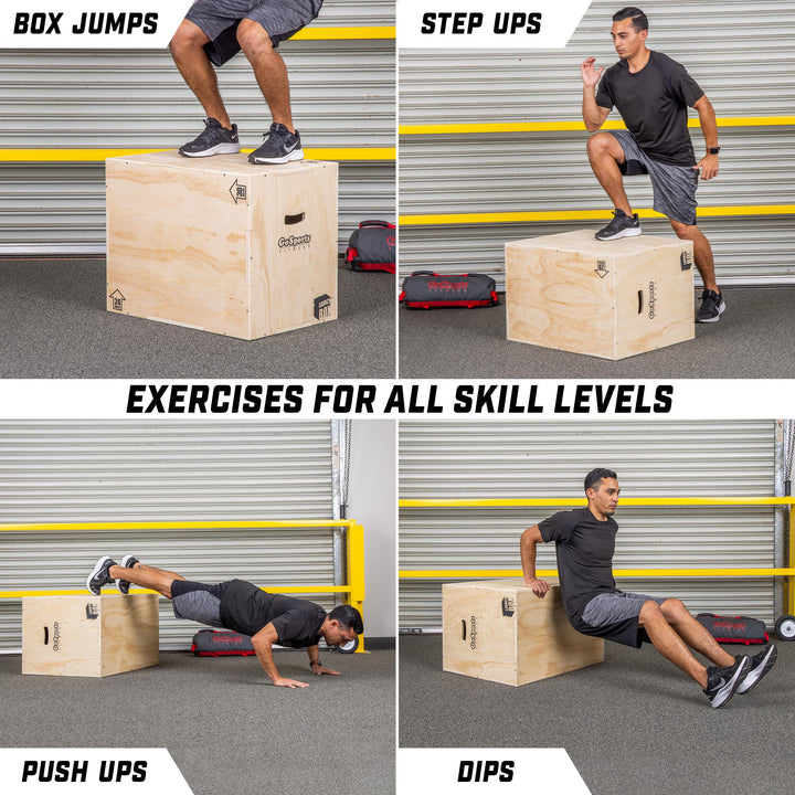 GoSports Fitness Launch Box 3-in-1 Adjustable Height Wood Plyo Jump Box for Exercises of All Skill Levels - XL