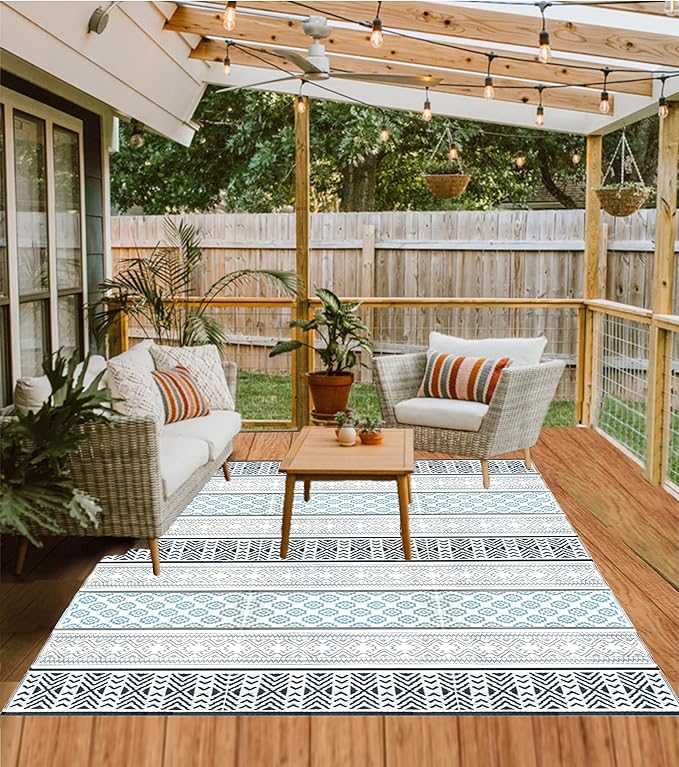 BalajeesUSA Outdoor Rug - 9x18 Grey, Teal, Reversible Recycled Plastic Straw Outdoor Patio Rugs Clearance Waterproof Large RV Camper Mats 7087