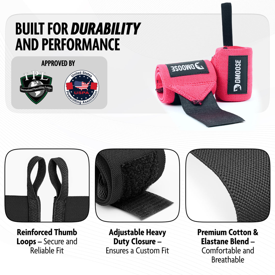 DMoose Wrist Straps for Weightlifting 12 and 18 Inches Thumb Loops with Wrist Support for Workouts Powerlifting Wrist Straps for Weight Lifting Men and Women Pink