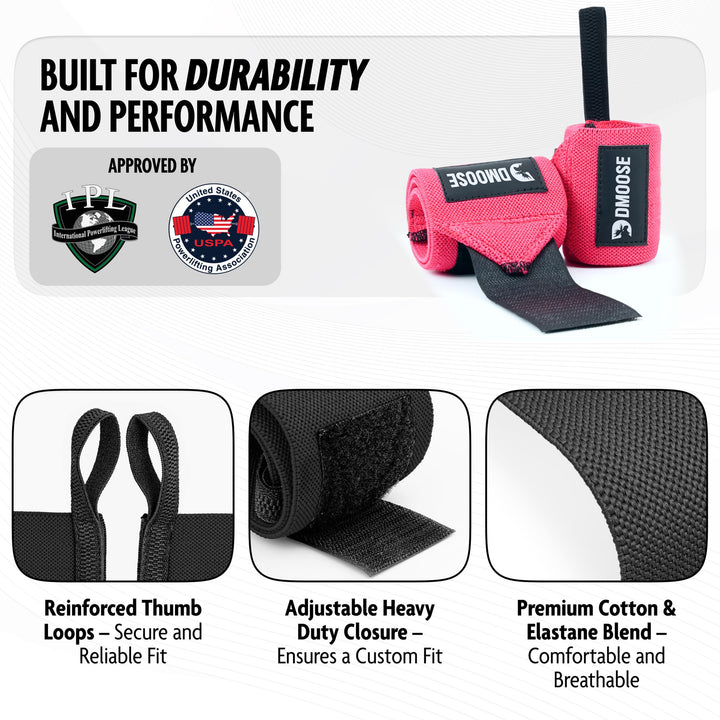 DMoose Wrist Straps for Weightlifting 12 and 18 Inches Thumb Loops with Wrist Support for Workouts Powerlifting Wrist Straps for Weight Lifting Men and Women Pink