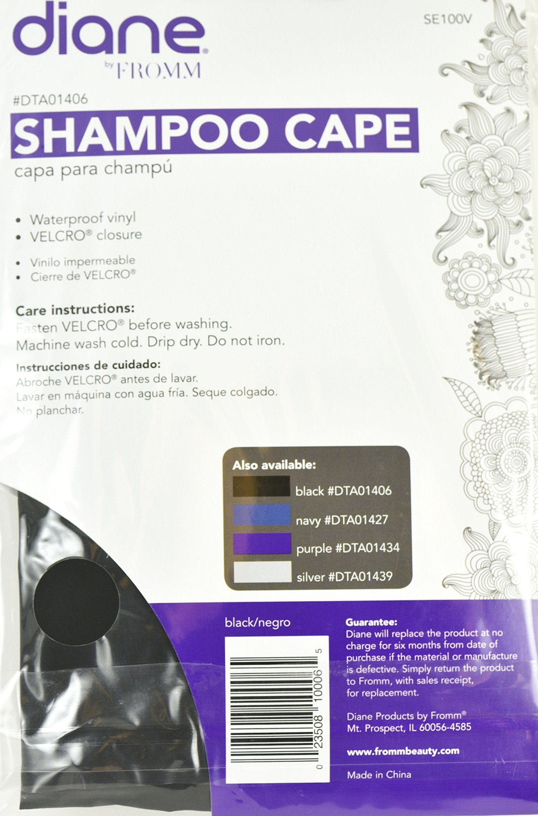 Diane Shampoo Cape 36" x 54" wtih Velcro in Black
