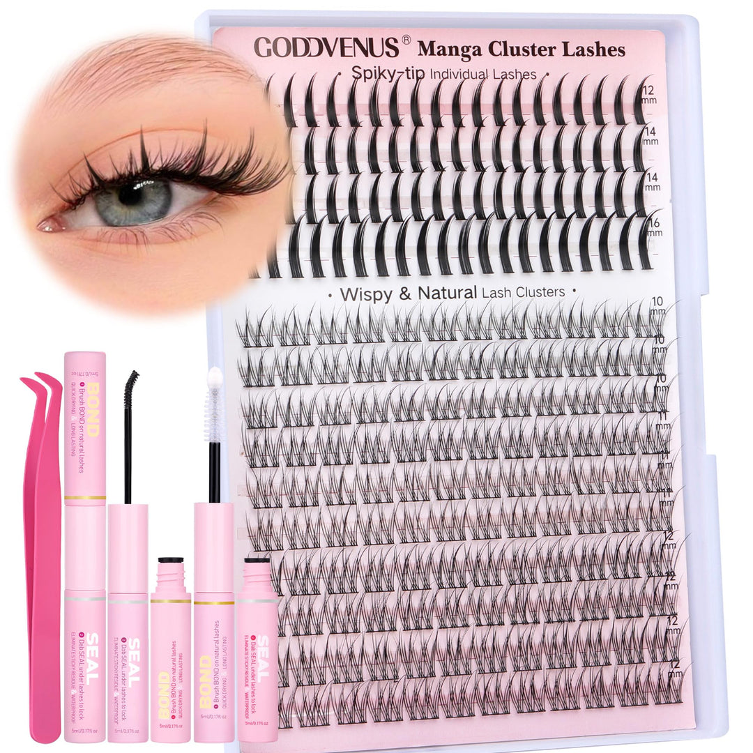 Manga Lash Clusters Kit Wispy Eyelashes Cluster & Spiky-tip Individual Lashes Mixed Cluster Eyelash Extensions Kit 200pcs DIY Lashes Extension Kit C Curl Lash Clusters Wispy Anime Lash Kit