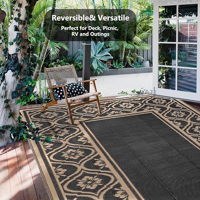 Patio Rug 5'x8' Waterproof Outside Area Rugs Reversible Brown Outdoor Plastic Straw Carpet for RV Deck Camping Entryance Porch Picnic Balcony Beach
