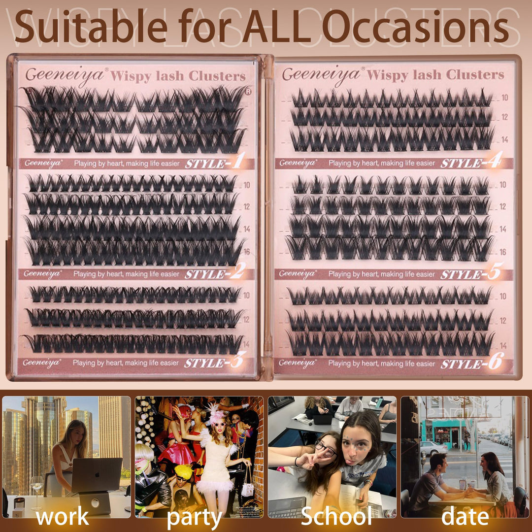 Geeneiya Wispy Lash Clusters 6 Styles Eyelash Clusters Natural Cluster Eyelash Extensions D Curl Individual Lashes 9-16mm DIY Lash Extension for Beginners(Wispy/Manga/Cat Eye/Natural/Spiky/Cross)