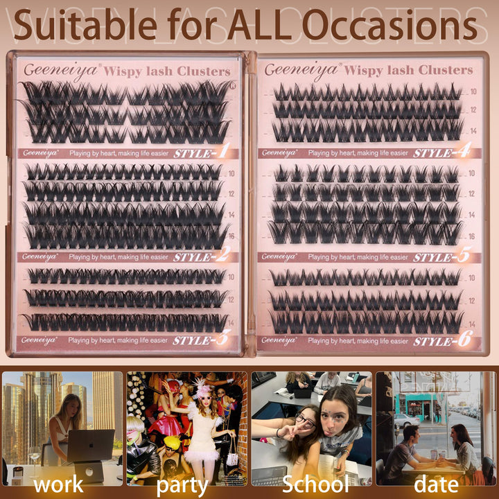 Geeneiya Wispy Lash Clusters 6 Styles Eyelash Clusters Natural Cluster Eyelash Extensions D Curl Individual Lashes 9-16mm DIY Lash Extension for Beginners(Wispy/Manga/Cat Eye/Natural/Spiky/Cross)