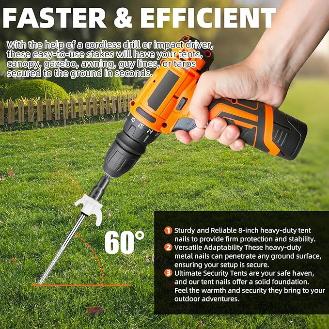 20 Pack Tent Stakes Heavy Duty 8 Inch Ground Anchor Screw Camping Stakes with Luminous Head Metal Threaded Tent Pegs, Includes Hex Head Driver and Storage Box