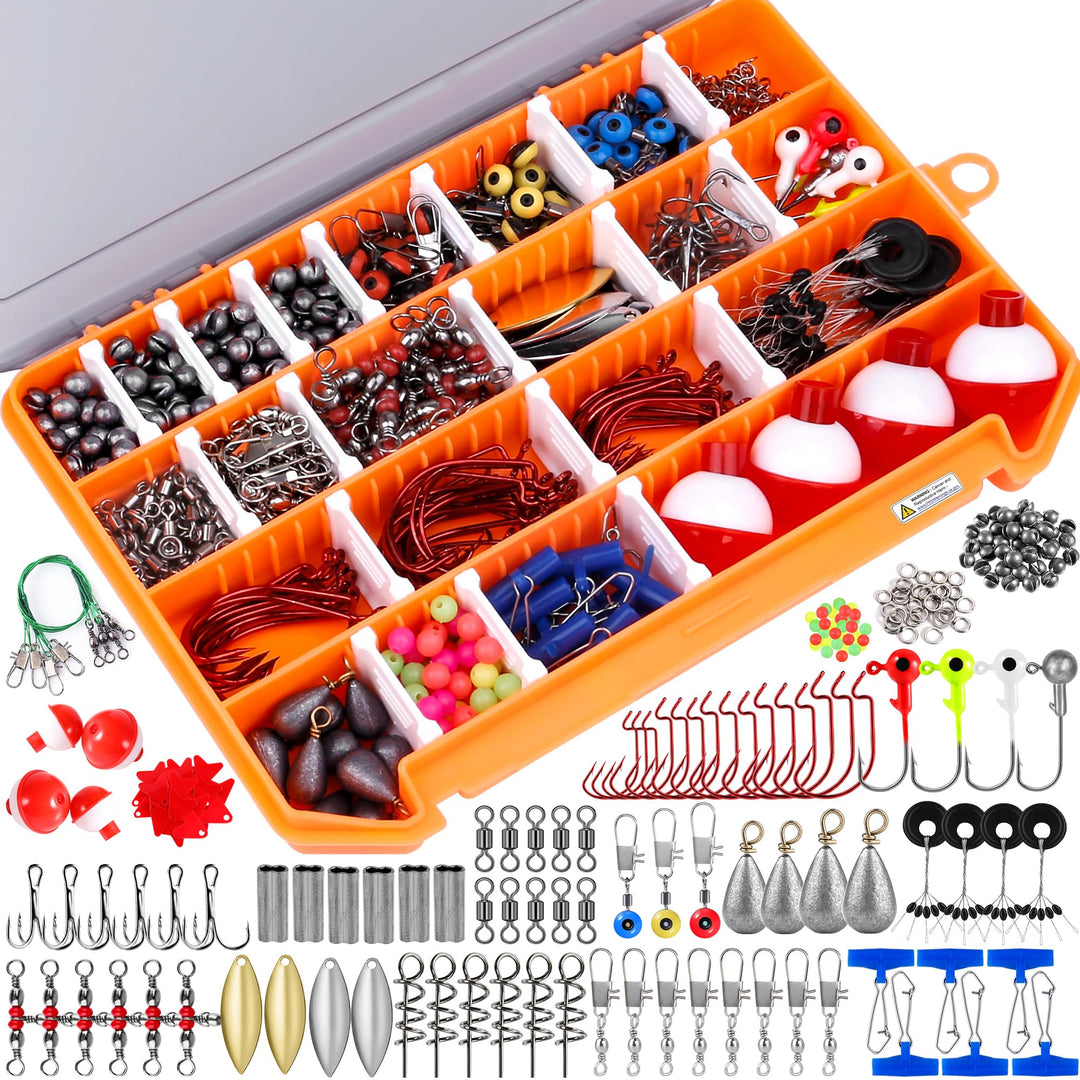 PLUSINNO Fishing Accessories Kit, 263pcs Fishing Tackle Kit with Tackle Box Including Weights Sinkers, Jig Hooks, Beads, Swivel Snap, Bobbers Float, Saltwater Freshwater Fishing Gear