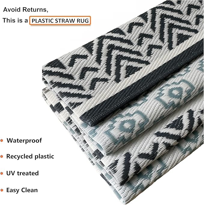 BalajeesUSA Outdoor Rug - 9x18 Grey, Teal, Reversible Recycled Plastic Straw Outdoor Patio Rugs Clearance Waterproof Large RV Camper Mats 7087