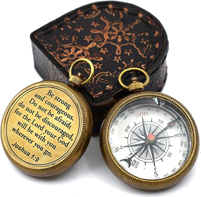 Be Strong and Courageous (Joshua 1:9) Brass Compass with wooden Box-Engraved Scripture Prayer Compass Religious Gift for Men & Women - Baptism, Confirmation, Communion Compass for Boys Graduation Gift