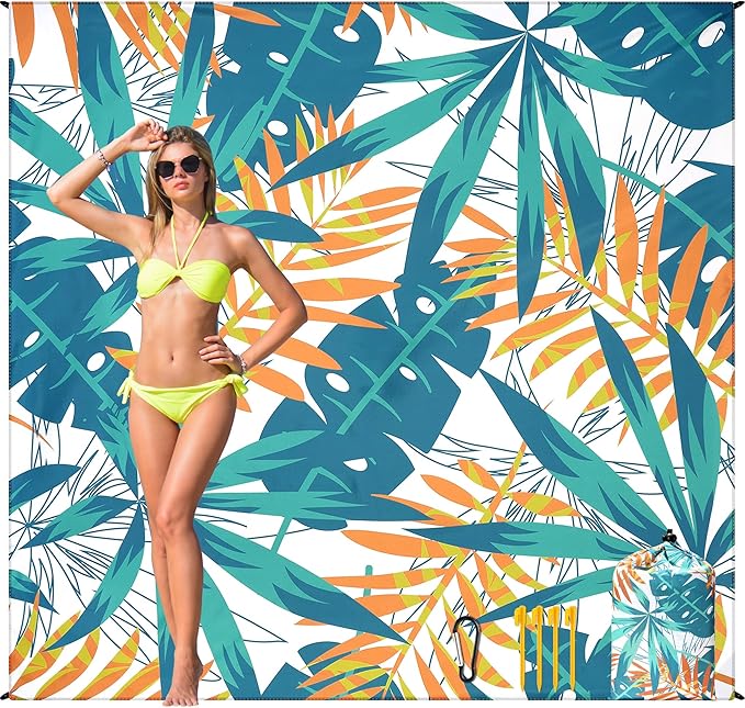 Beach Blanket Waterproof Sandproof Beach Mat 79”x 83” for 1-4 Adults Quick Drying Durable Outdoor Picnic Mat for Beach Festival Travel Camping Hiking (W&GN&Y-Palm, 79"×83"(4 Person))