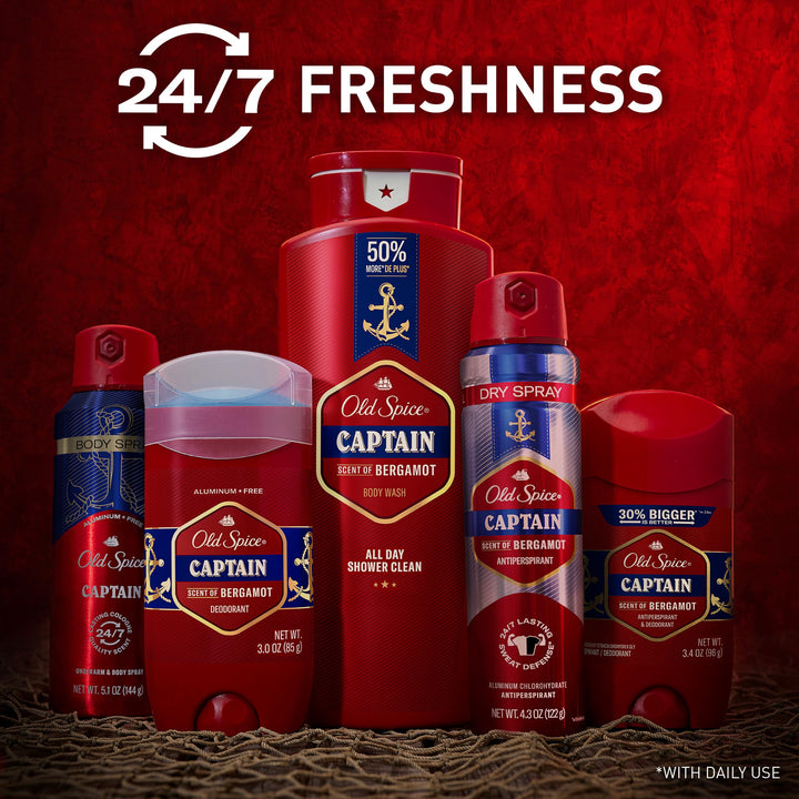 Old Spice Refreshing Body Wash for Men, 3X Defense, 24/7 Shower Fresh with Long Lasting Scent, Red Collection, Captain with Bergamot Scent, 33.4 oz