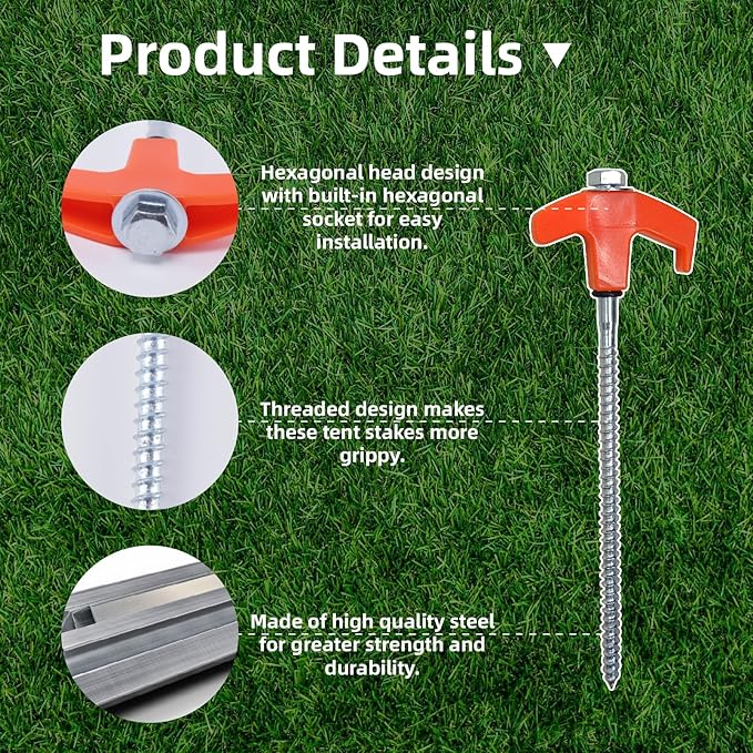 16 Pack Tent Stakes Heavy Duty, 8" Screw in Tent Stakes, 2024 New Tent Stakes for Outdoor Camping, Metal Threaded Tent Spikes with Hex Head Driver and Storage Box